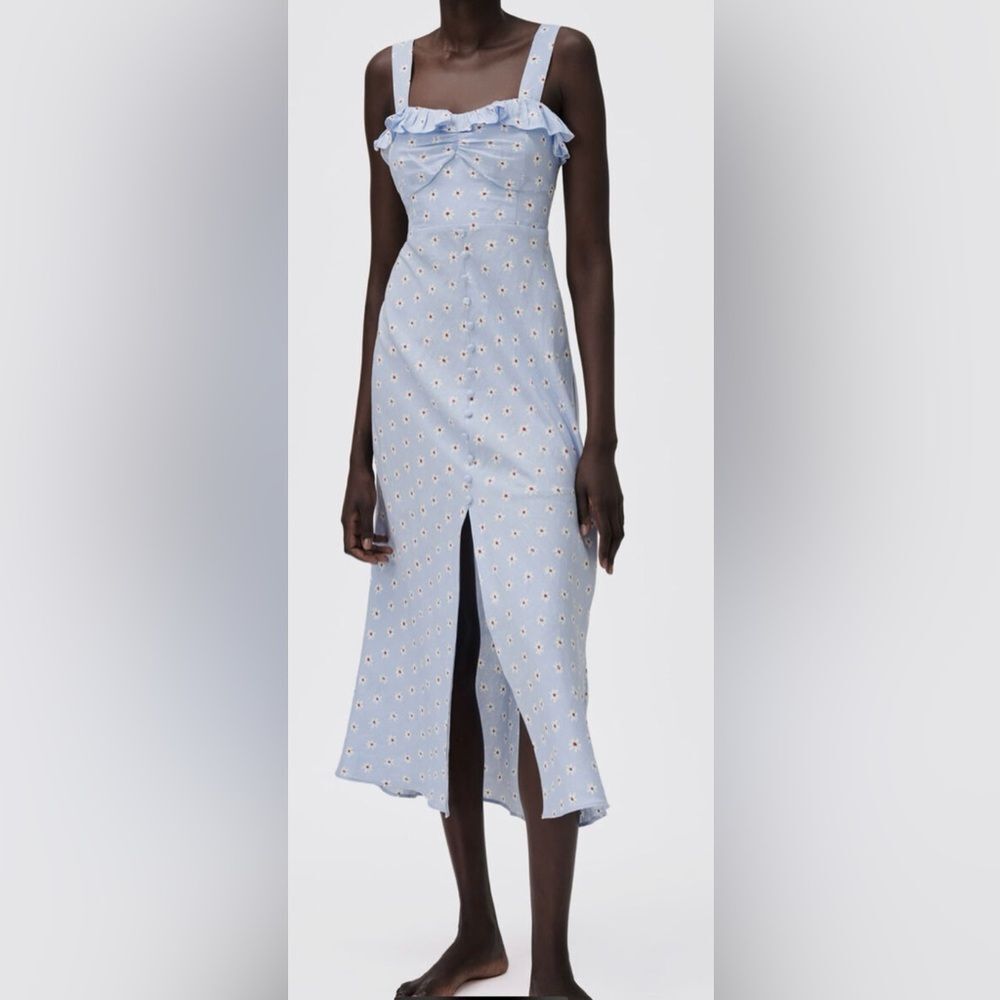 Zara Light Blue Daisy Print Midi Dress